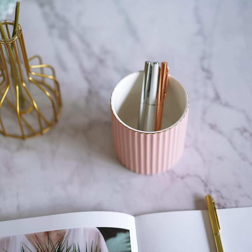 Desk Pen Holder, Ceramic Pen Holder, Desk Storage Box, Makeup Brush Holder (Pink)