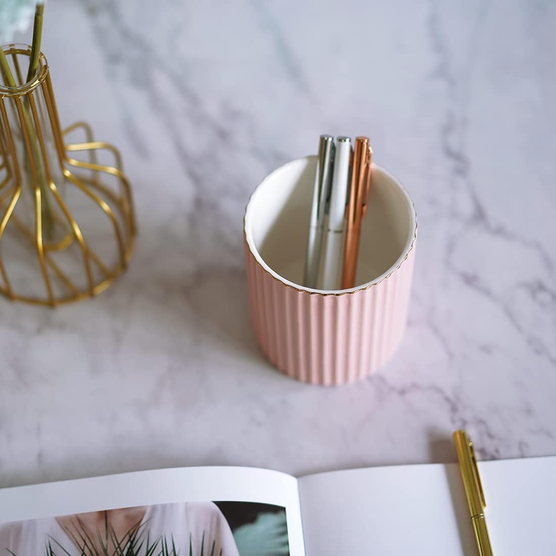 Desk Pen Holder, Ceramic Pen Holder, Desk Storage Box, Makeup Brush Holder (Pink)
