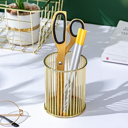 Gold Metal Round Pen Holder – Hollow Cylinder Desk Organizer for Stationery, Brushes & More