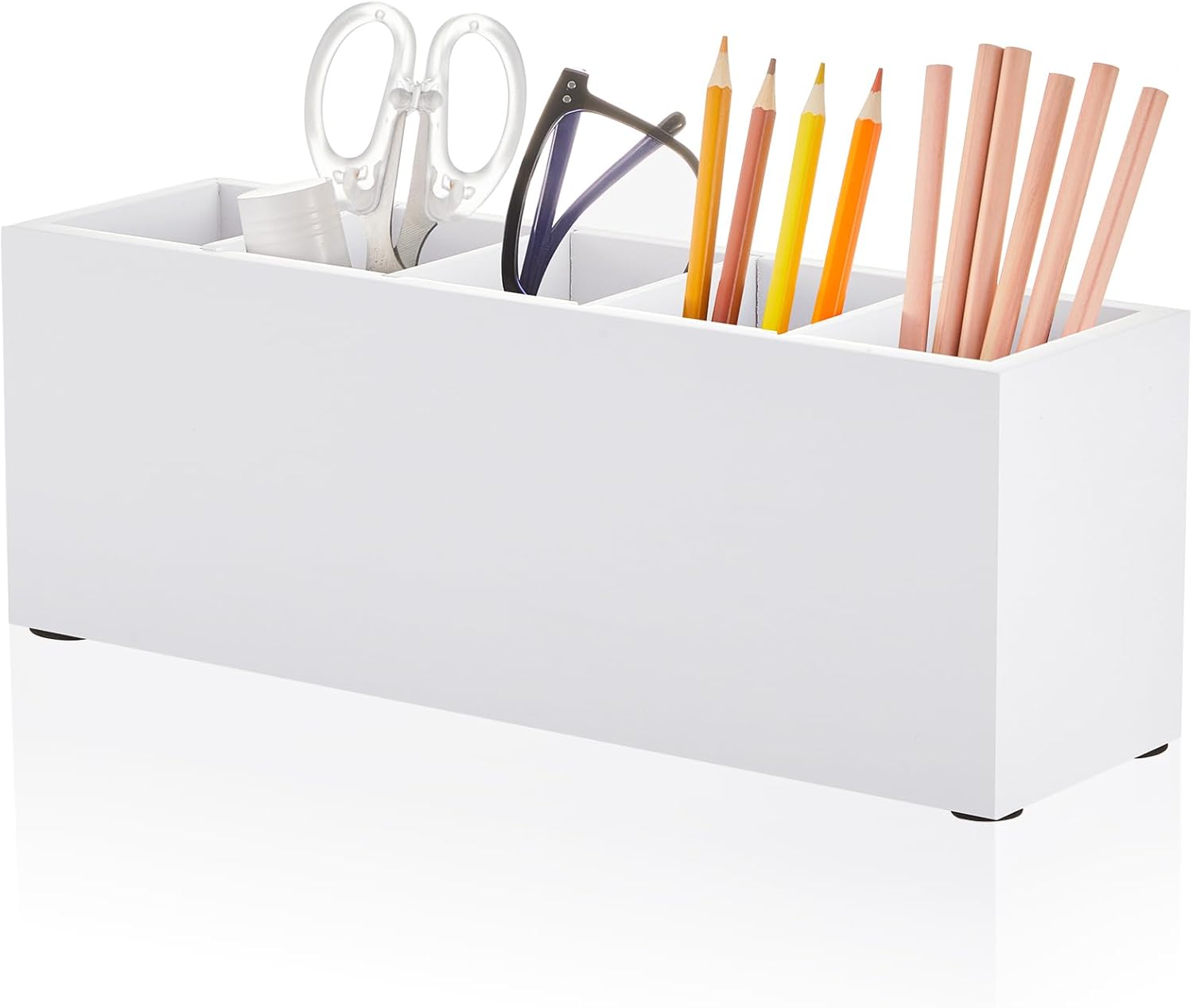 Wooden Pen Holder 5 Compartments for Desk Adjustable Pen Holder Wooden Desk Organizer and Accessories Makeup Brush Organizer for Pens, Home, Office and Art Supplies (White)