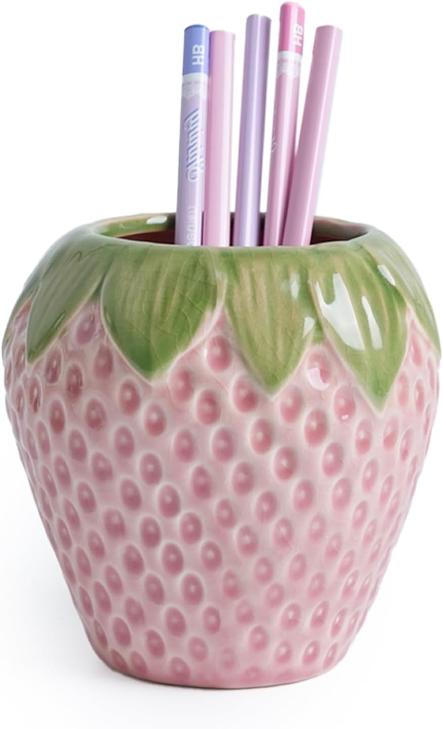 Strawberry Pen Holder, Cute Desktop Pen Holder, Ceramic Pen Holder, Vertical Makeup Brush Holder, Suitable for School, Home, Office Desktop Decoration (Pink)