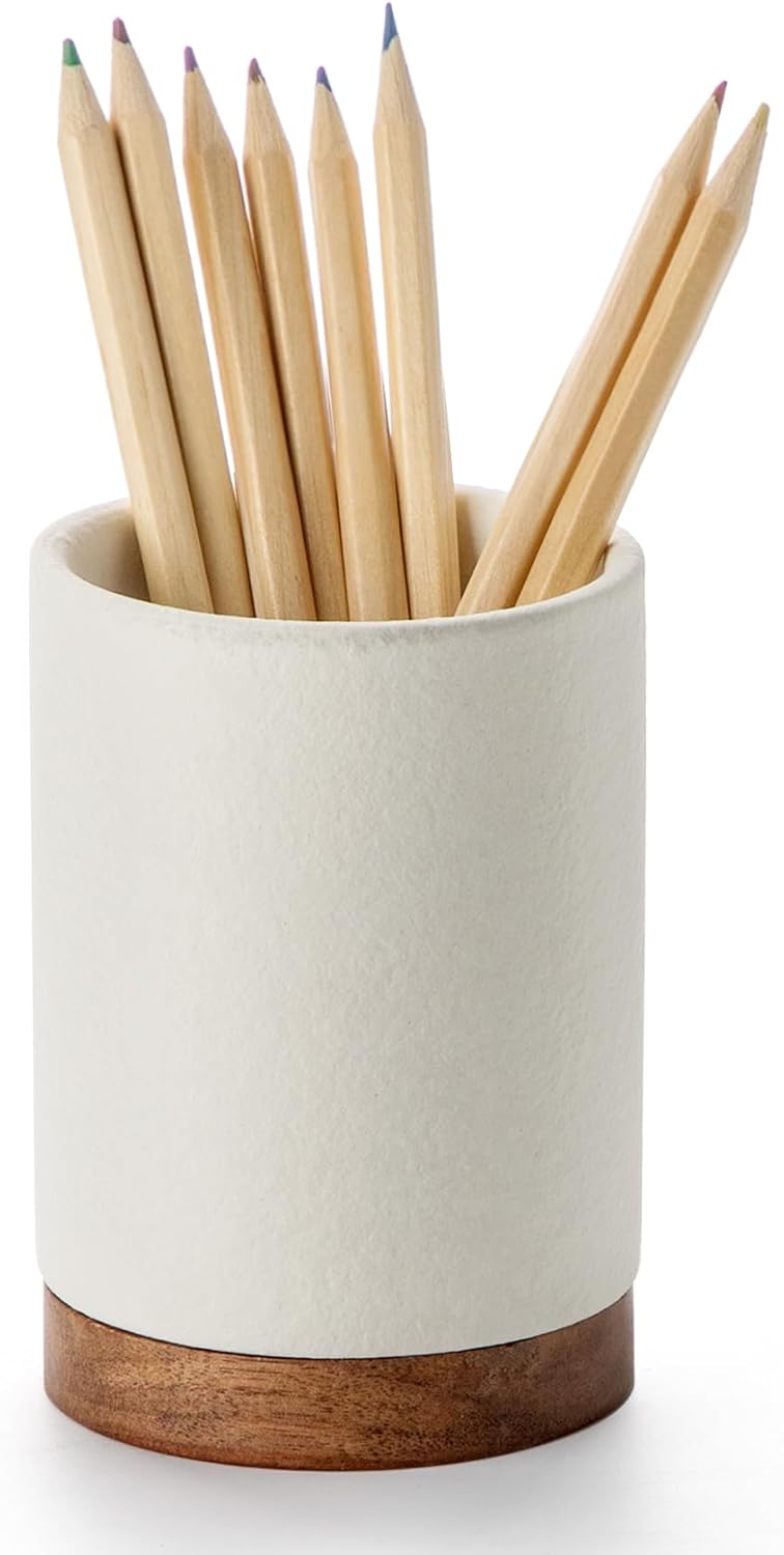 Desk Pen Holder, Ceramic Pencil Organizer and Makeup Brush Holder, Office Decor and Desk Accessories, Perfect Office Organization, Teacher Supplies (White )