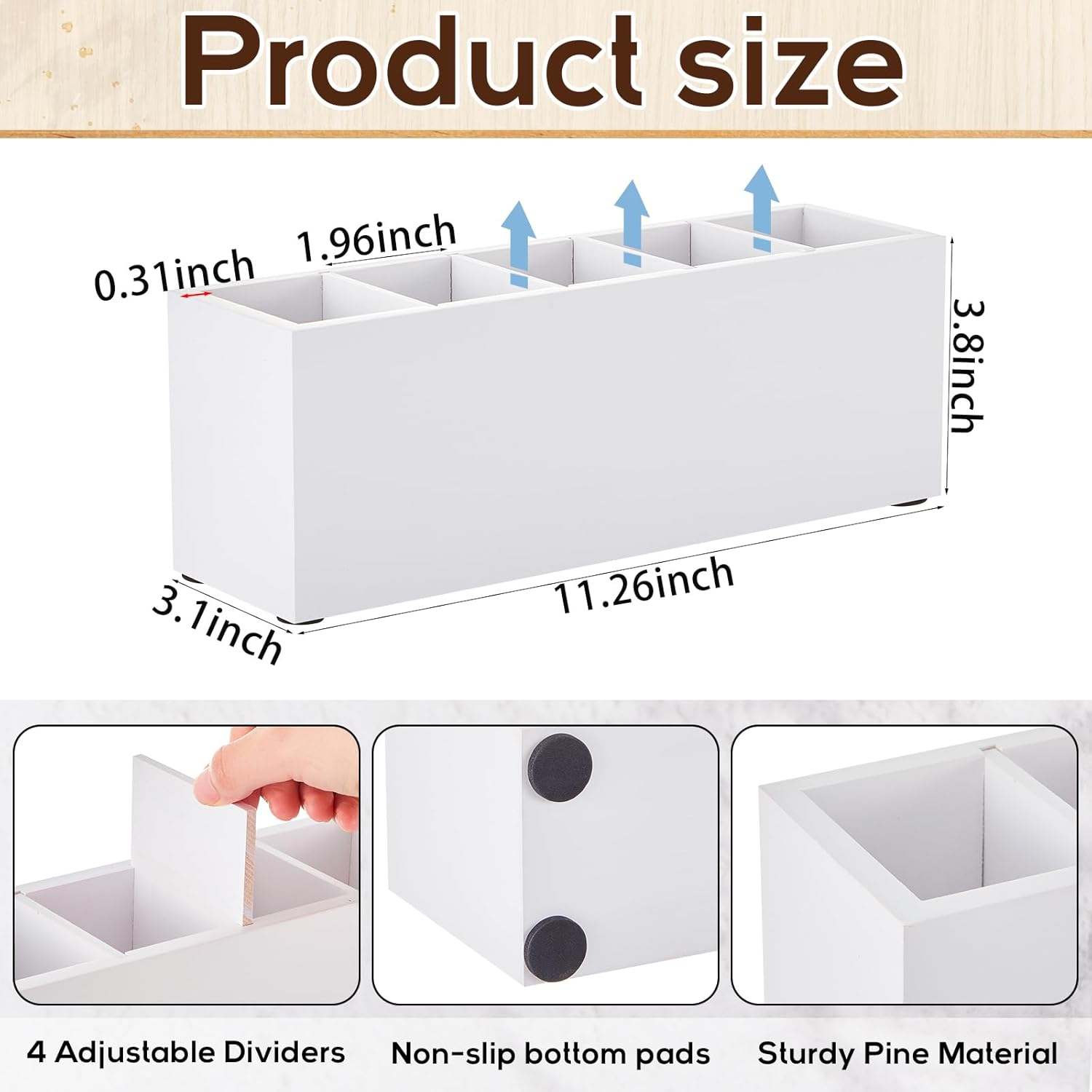 Wooden Pen Holder 5 Compartments for Desk Adjustable Pen Holder Wooden Desk Organizer and Accessories Makeup Brush Organizer for Pens, Home, Office and Art Supplies (White)