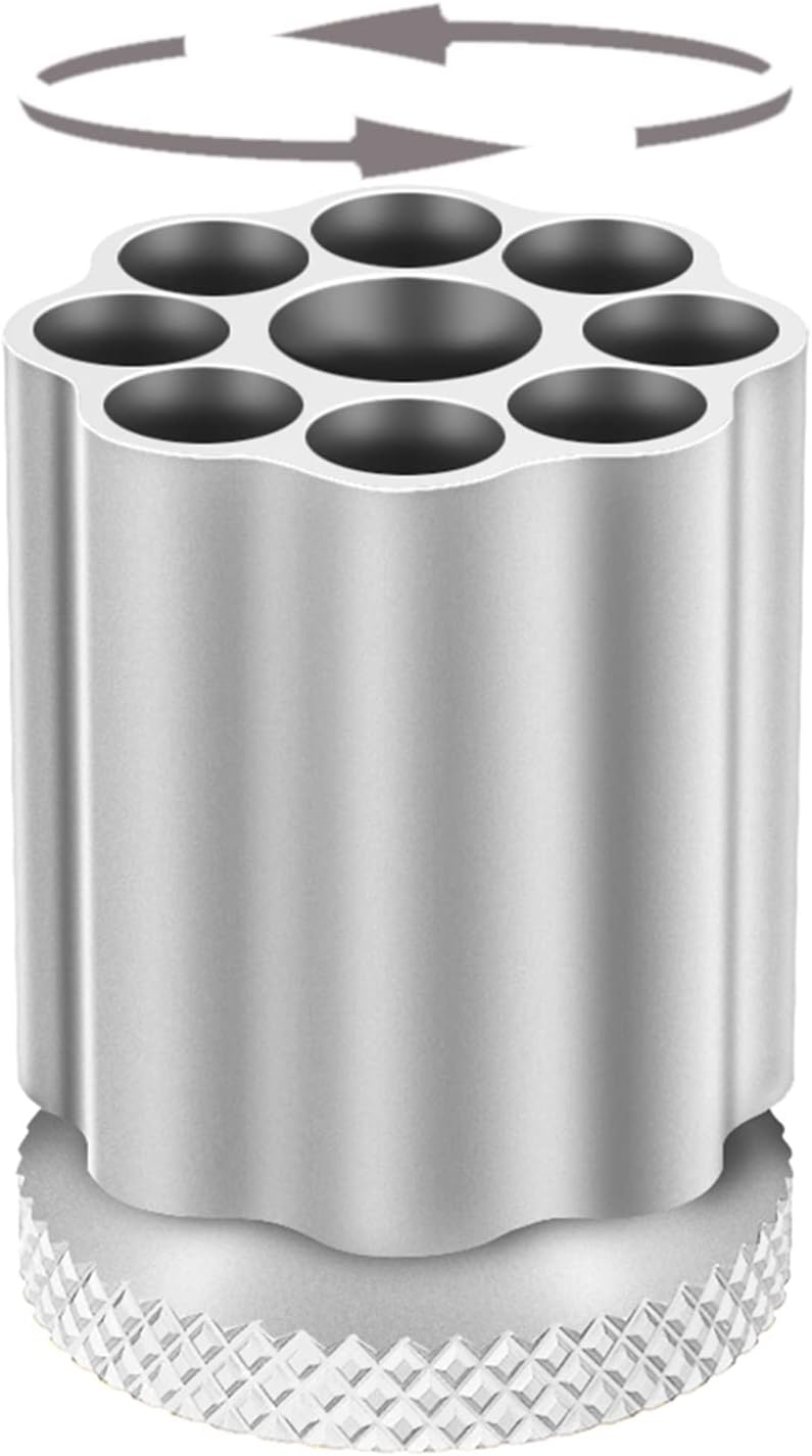 Bullet Cylinder Design Metal Pen Holder – 9-Slot Rotating Organizer – Aluminum Alloy – 2.87" Height × 2.36" Diameter – 0.44 lb