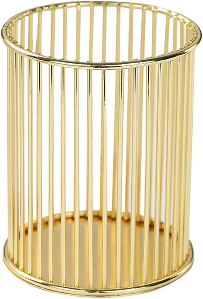 Gold Metal Round Pen Holder – Hollow Cylinder Desk Organizer for Stationery, Brushes & More