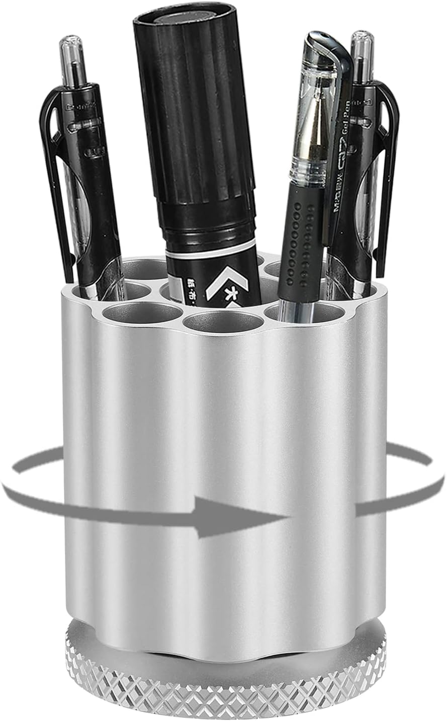 Bullet Cylinder Design Metal Pen Holder – 9-Slot Rotating Organizer – Aluminum Alloy – 2.87" Height × 2.36" Diameter – 0.44 lb
