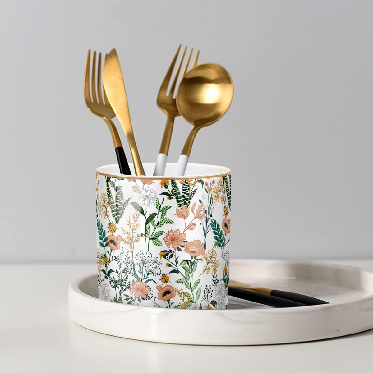 Upgraded Large Capacity Ceramic Pen Holder Set – Floral & Marble Design – Multifunctional Desk Organizer for Office Supplies, Makeup Brushes & More – 3.85" Tall × 3.5" Wide