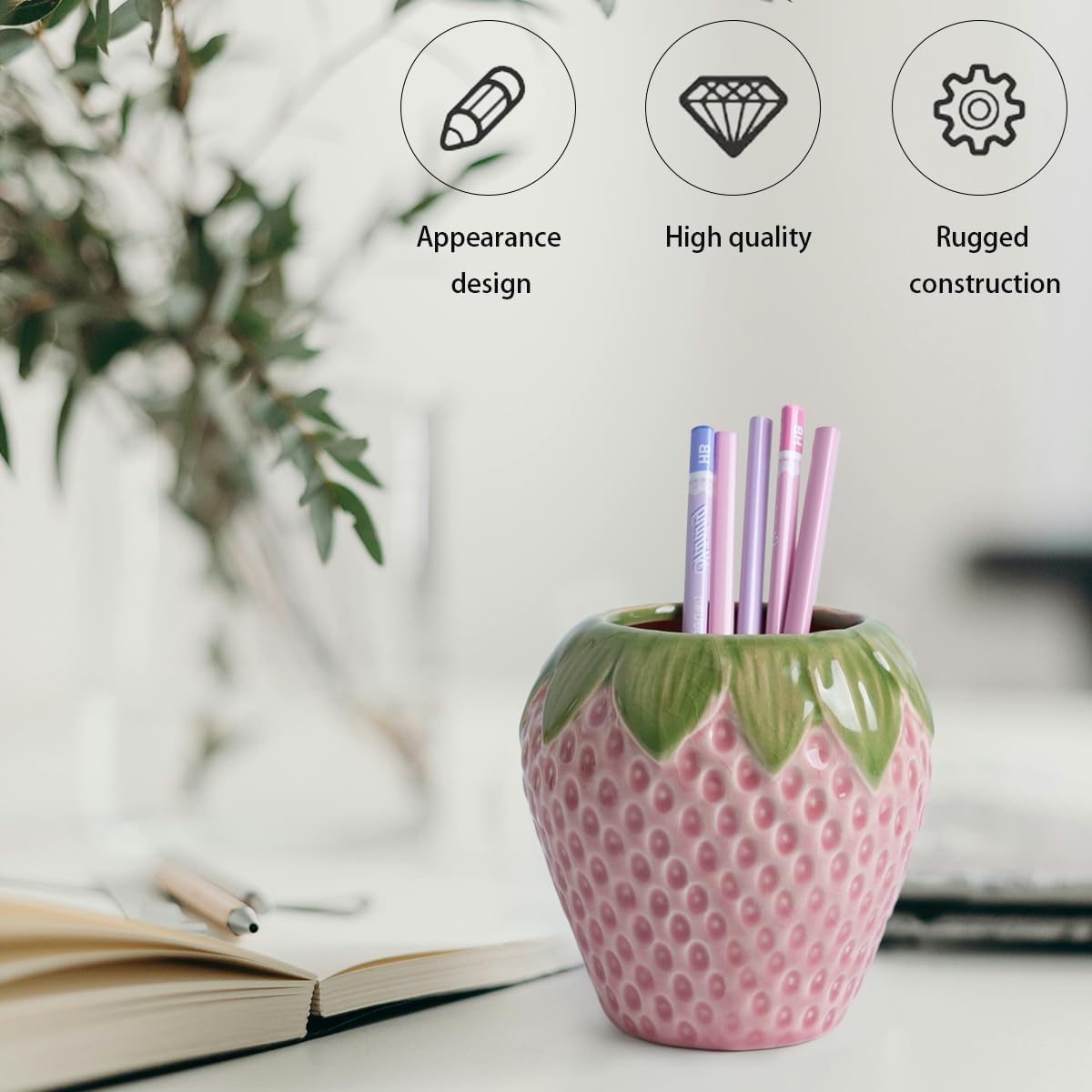 Strawberry Pen Holder, Cute Desktop Pen Holder, Ceramic Pen Holder, Vertical Makeup Brush Holder, Suitable for School, Home, Office Desktop Decoration (Pink)