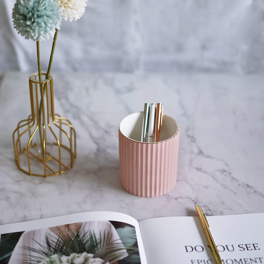 Desk Pen Holder, Ceramic Pen Holder, Desk Storage Box, Makeup Brush Holder (Pink)