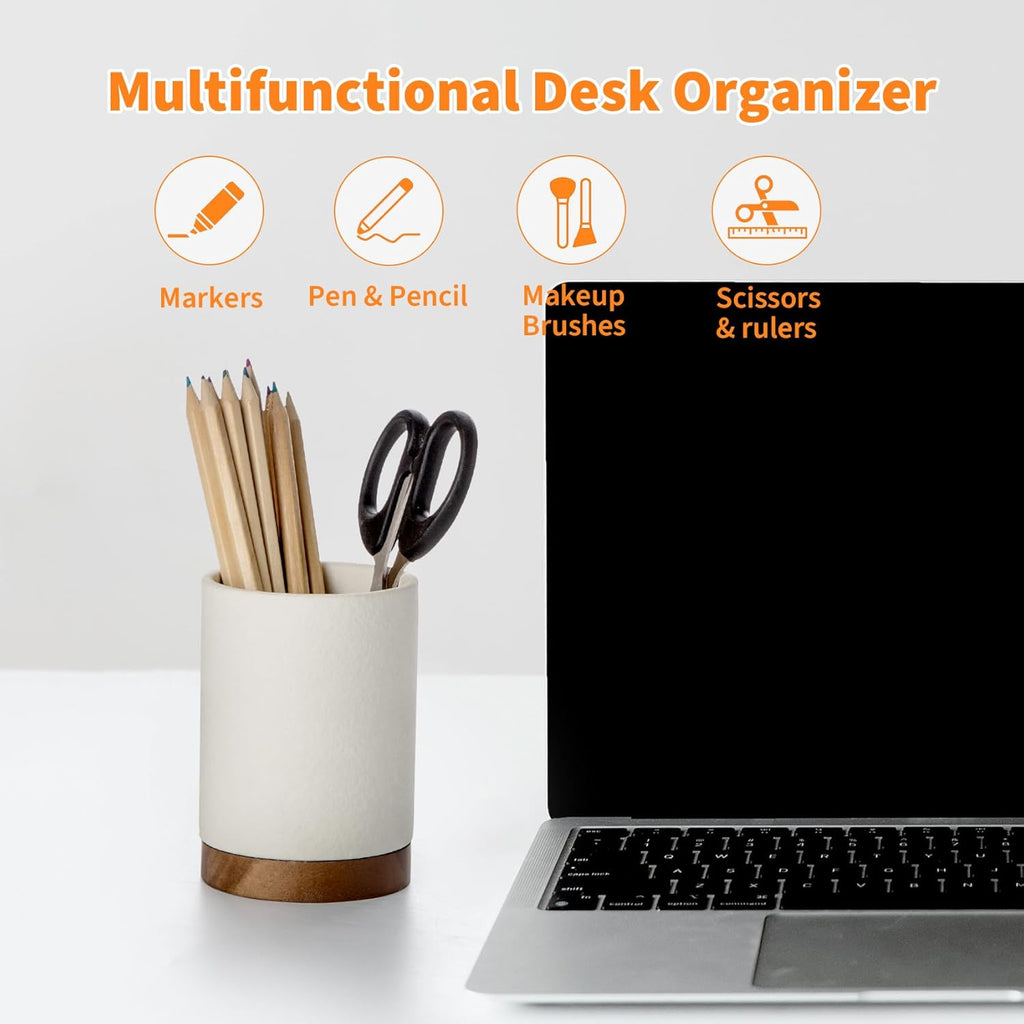 Desk Pen Holder, Ceramic Pencil Organizer and Makeup Brush Holder, Office Decor and Desk Accessories, Perfect Office Organization, Teacher Supplies (White )