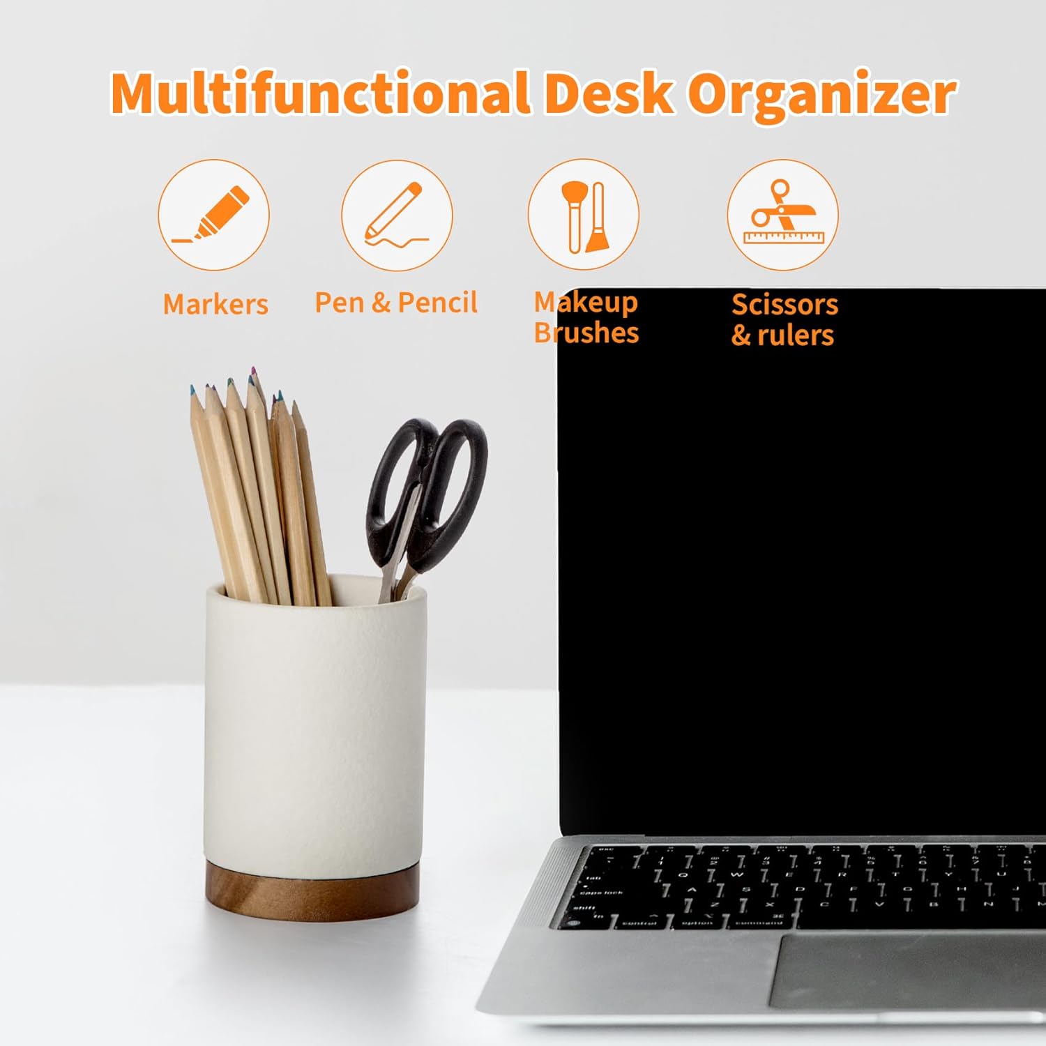 Desk Pen Holder, Ceramic Pencil Organizer and Makeup Brush Holder, Office Decor and Desk Accessories, Perfect Office Organization, Teacher Supplies (White )