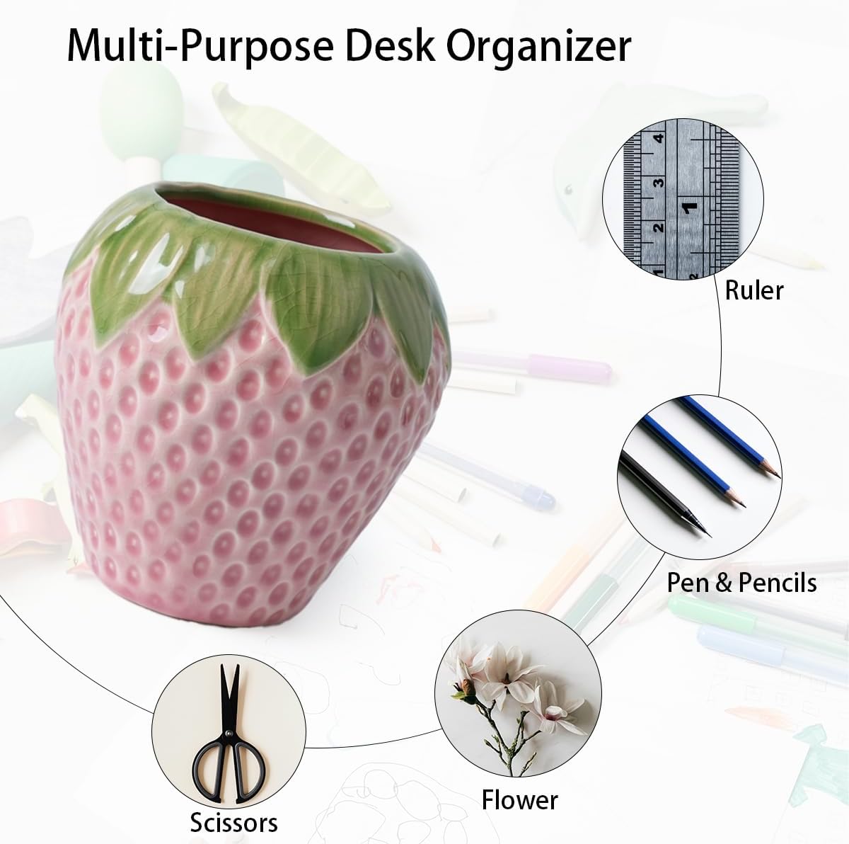 Strawberry Pen Holder, Cute Desktop Pen Holder, Ceramic Pen Holder, Vertical Makeup Brush Holder, Suitable for School, Home, Office Desktop Decoration (Pink)