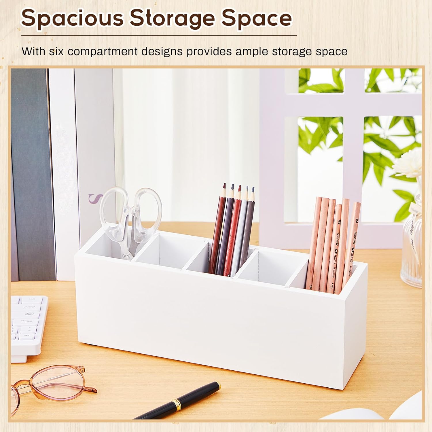 Wooden Pen Holder 5 Compartments for Desk Adjustable Pen Holder Wooden Desk Organizer and Accessories Makeup Brush Organizer for Pens, Home, Office and Art Supplies (White)