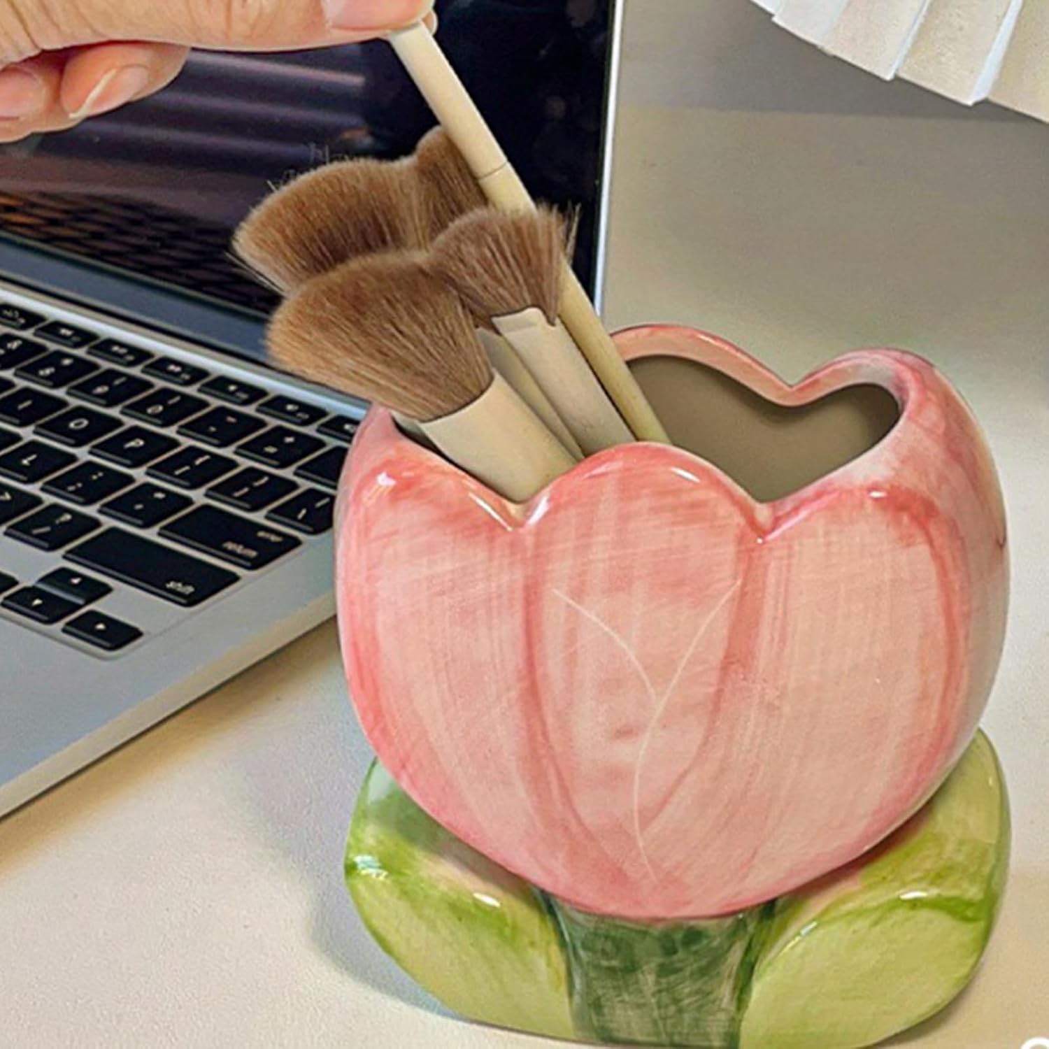 Desk accessories pen holder beautiful pink makeup brush holder pencil holder cute tulips home decoration women's birthday gift dressing table toothbrush holder cute kitchen utensil holder