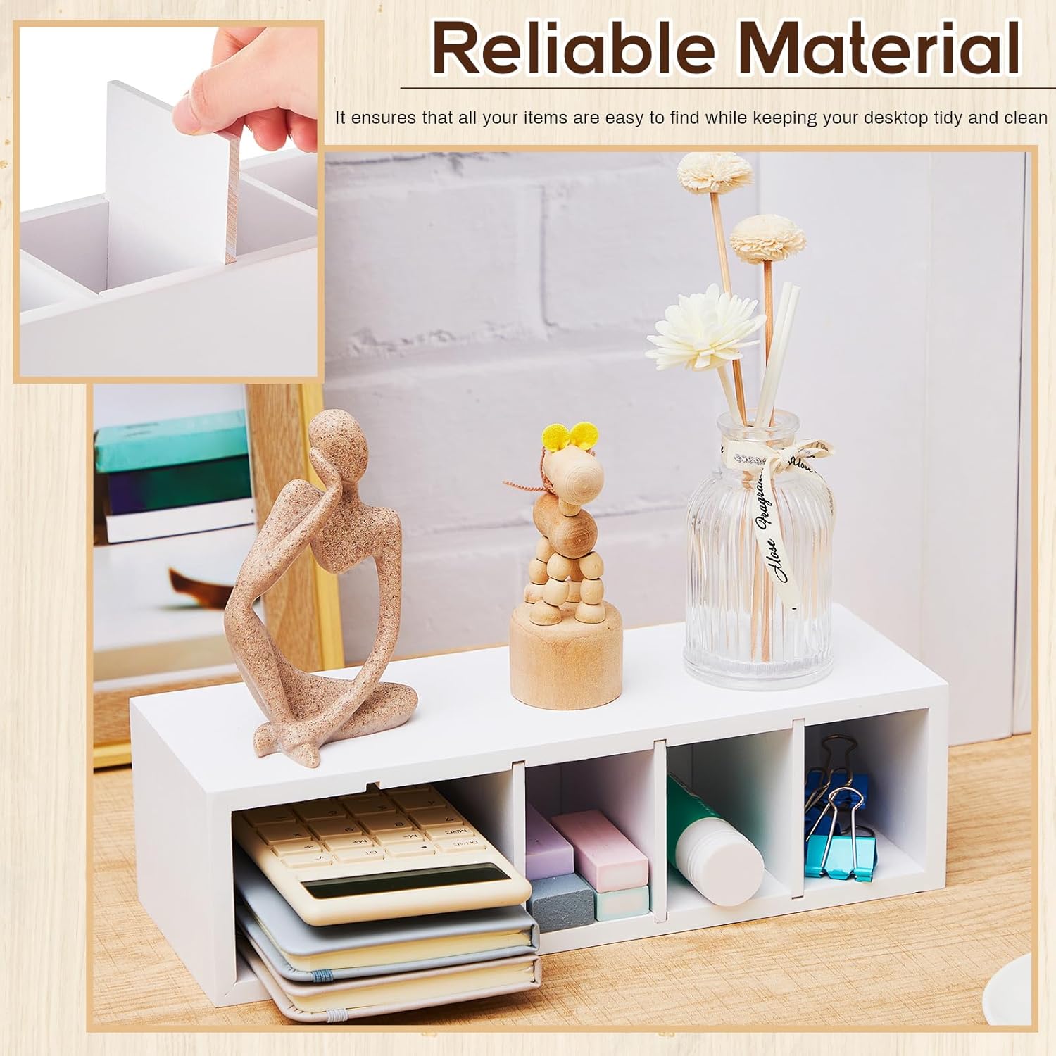 Wooden Pen Holder 5 Compartments for Desk Adjustable Pen Holder Wooden Desk Organizer and Accessories Makeup Brush Organizer for Pens, Home, Office and Art Supplies (White)