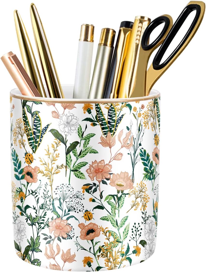 Upgraded Large Capacity Ceramic Pen Holder Set – Floral & Marble Design – Multifunctional Desk Organizer for Office Supplies, Makeup Brushes & More – 3.85" Tall × 3.5" Wide