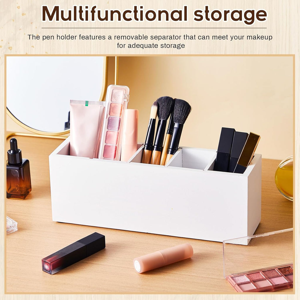 Wooden Pen Holder 5 Compartments for Desk Adjustable Pen Holder Wooden Desk Organizer and Accessories Makeup Brush Organizer for Pens, Home, Office and Art Supplies (White)