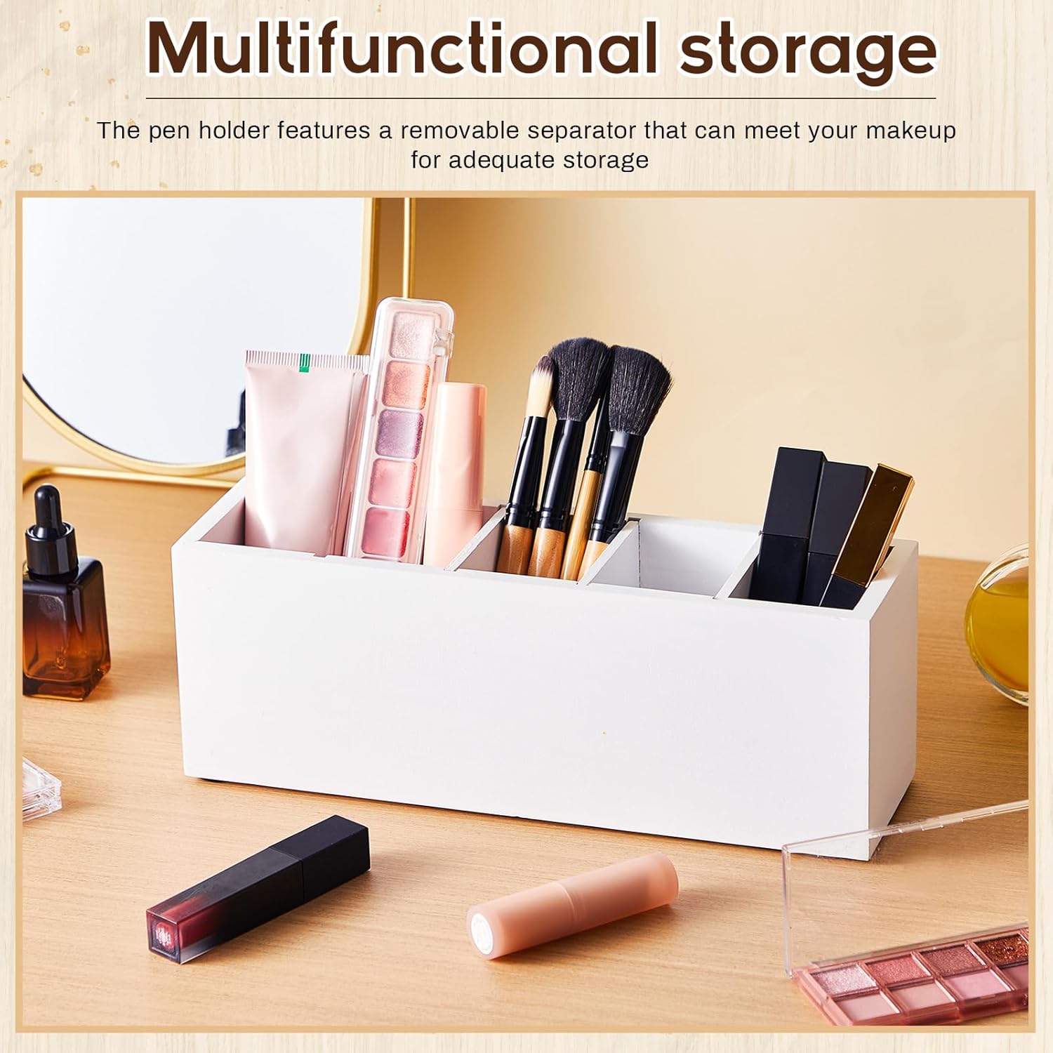 Wooden Pen Holder 5 Compartments for Desk Adjustable Pen Holder Wooden Desk Organizer and Accessories Makeup Brush Organizer for Pens, Home, Office and Art Supplies (White)