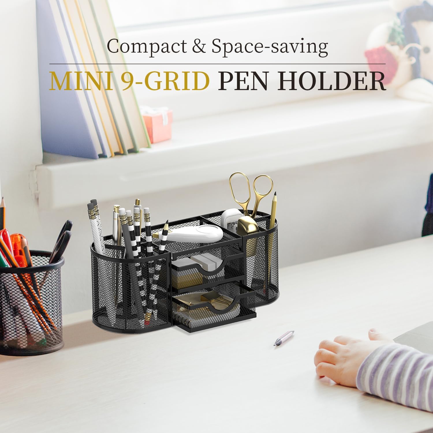Black Mesh Desk Organizer Set with Pull-Out Drawer – 10" Large Multi-Compartment Desktop Organizer with Sticky Note Tray, Office Supplies Holder