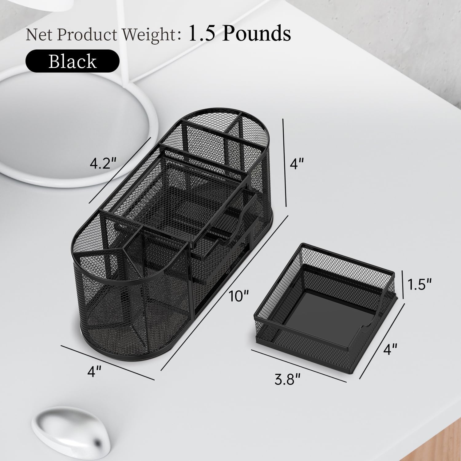 Black Mesh Desk Organizer Set with Pull-Out Drawer – 10" Large Multi-Compartment Desktop Organizer with Sticky Note Tray, Office Supplies Holder