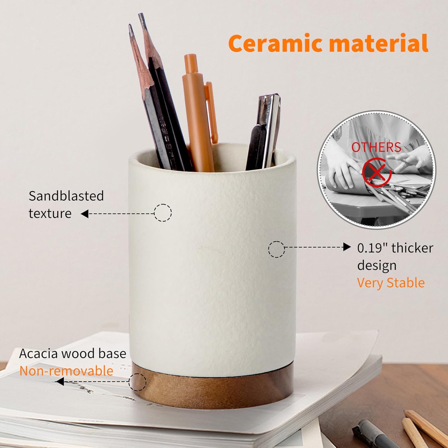 Desk Pen Holder, Ceramic Pencil Organizer and Makeup Brush Holder, Office Decor and Desk Accessories, Perfect Office Organization, Teacher Supplies (White )
