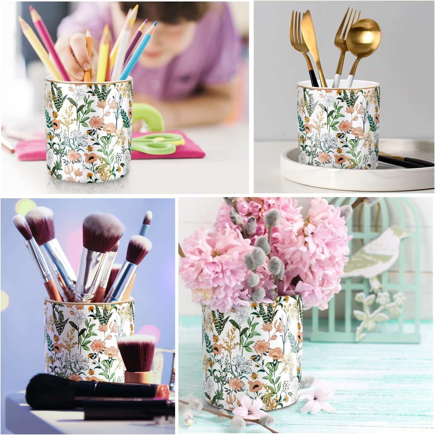 Upgraded Large Capacity Ceramic Pen Holder Set – Floral & Marble Design – Multifunctional Desk Organizer for Office Supplies, Makeup Brushes & More – 3.85" Tall × 3.5" Wide