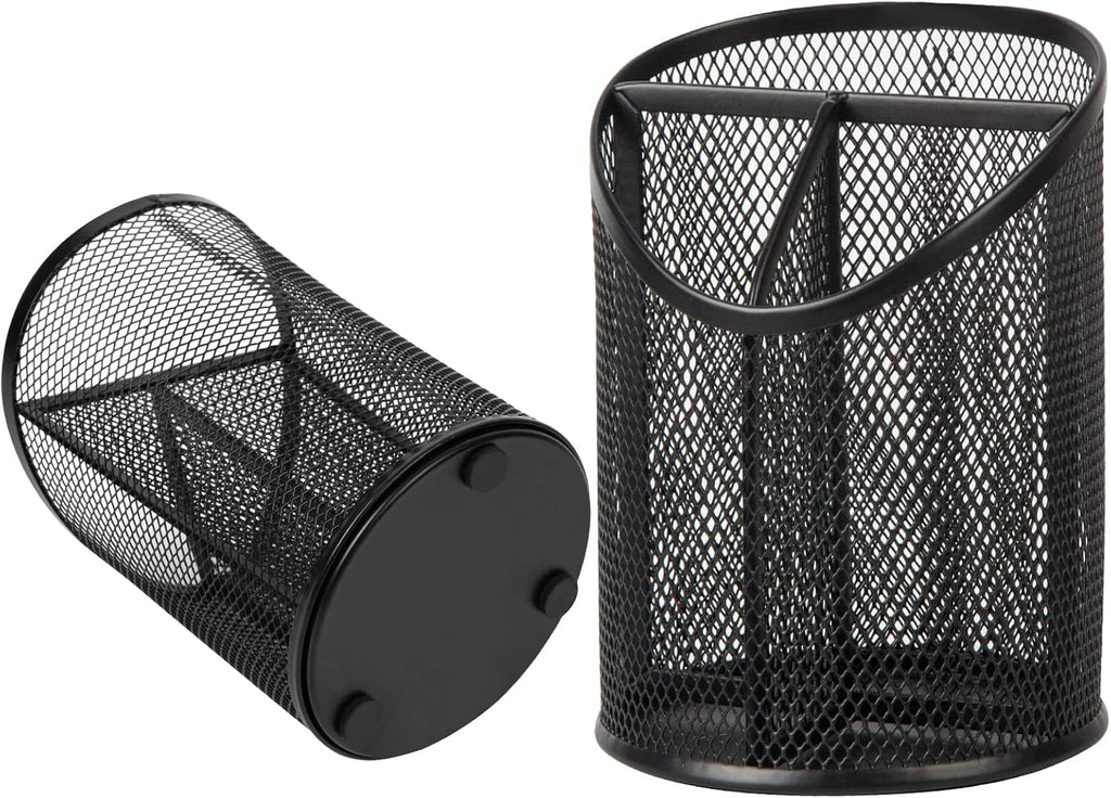 Black Metal Mesh Round Pencil Holder – 5.9" Tall Multifunctional Desktop Organizer for Stationery & Makeup Brushes