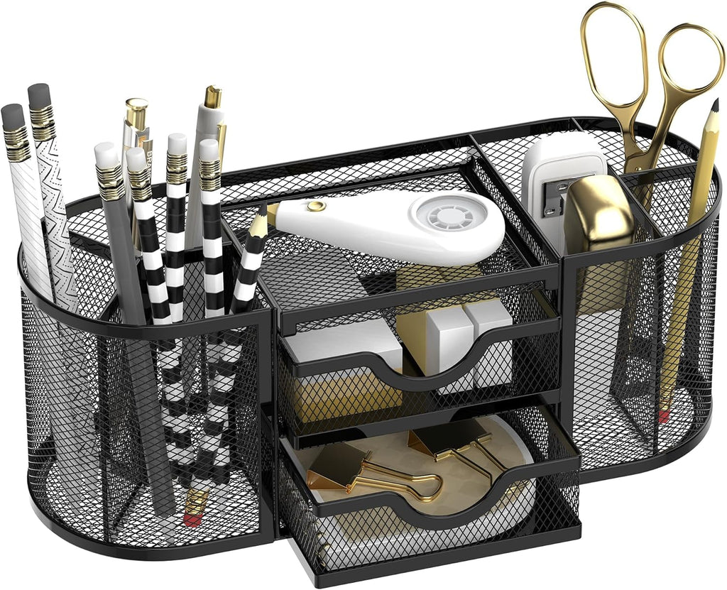 Black Mesh Desk Organizer Set with Pull-Out Drawer – 10" Large Multi-Compartment Desktop Organizer with Sticky Note Tray, Office Supplies Holder