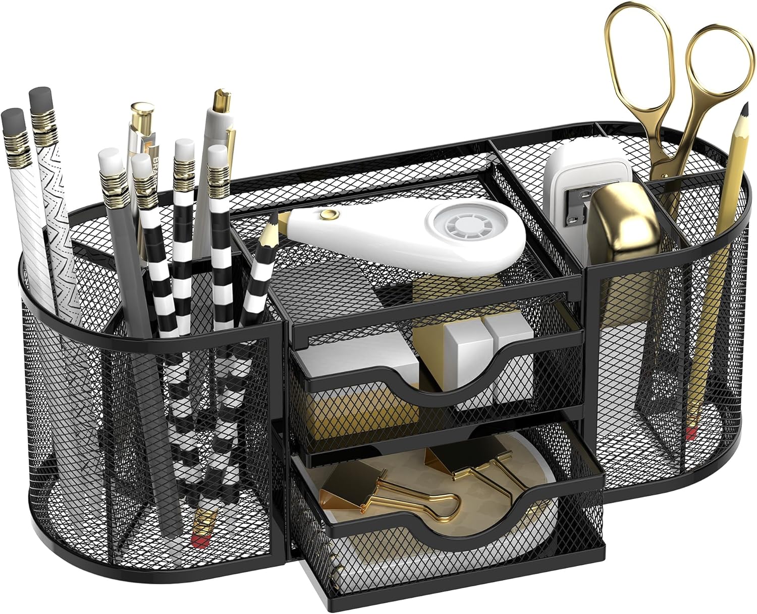 Black Mesh Desk Organizer Set with Pull-Out Drawer – 10" Large Multi-Compartment Desktop Organizer with Sticky Note Tray, Office Supplies Holder